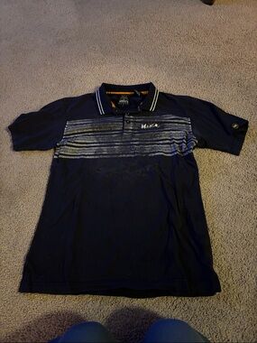 mecca Navy Blue Striped Casual Button Down Polo